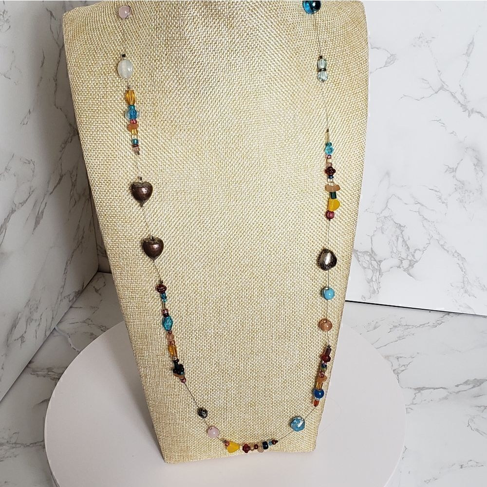 BEADED WIRE Long Necklace Hearts Beads